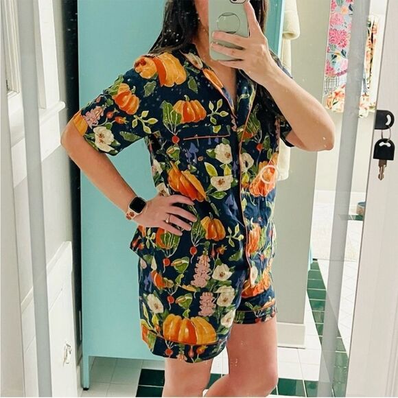 THEIR NIBS Fall Thanksgiving Pumpkin Patch Dreams Pajama Short Set Navy M NWT - Picture 3 of 12